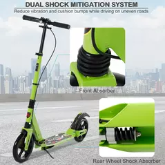 HOMCOM Kick Scooter, Folding 2 Wheel Scooter with Dual Brake System, Dual Suspension, 230mm Big Wheels and 3 Adjustable Handlebar, for 14+ Teens Adults, up to 100KG, Green - 6