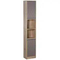 HOMCOM Narrow Bathroom Cabinet, Slim Bathroom Storage Unit with Open Compartment, Freestanding Storage Cupboard with Adjustable Shelves for Small Spaces, 30 x 24 x 170 cm, Grey and Oak - 1