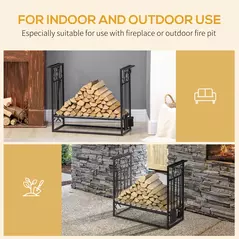 HOMCOM Steel Firewood Log Holder Indoor Outdoor Firewood Rack Fireplace Wood Storage Shelf with 4 Tools, Hooks, Scrolls, Rust-Resistant, Black, 75L x 30W x 60H cm - 6