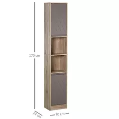 HOMCOM Narrow Bathroom Cabinet, Slim Bathroom Storage Unit with Open Compartment, Freestanding Storage Cupboard with Adjustable Shelves for Small Spaces, 30 x 24 x 170 cm, Grey and Oak - 3