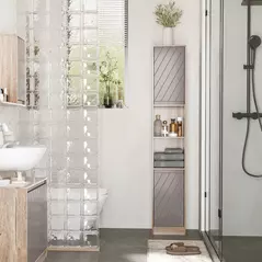 HOMCOM Narrow Bathroom Cabinet, Slim Bathroom Storage Unit with Open Compartment, Freestanding Storage Cupboard with Adjustable Shelves for Small Spaces, 30 x 24 x 170 cm, Grey and Oak - 2