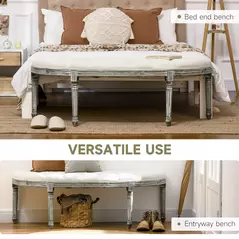 HOMCOM Half-Circle End Bench Ottoman Footstool Tufting Padded Seat Brushed Wood Base Antique Accents Home Seat Furniture Cream White and Light Wood Grain Leg - 5