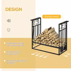 HOMCOM Steel Firewood Log Holder Indoor Outdoor Firewood Rack Fireplace Wood Storage Shelf with 4 Tools, Hooks, Scrolls, Rust-Resistant, Black, 75L x 30W x 60H cm - 5