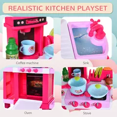 HOMCOM 38 Pcs Kids Children Kitchen Play Set w/ Realistic Sounds Lights Food Utensils Pots Pans Appliances Toy Game Pink - 7