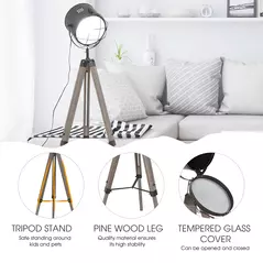 HOMCOM Floor Lamp with Adjustable Tripod for Living Room Bedroom, Vintage Spotlight Reading Lamp with Wood Legs, 115-155cm, Grey - 6