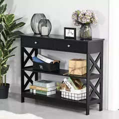 HOMCOM Console Table Side Desk w/ Shelves Drawers Open Top X Support Frame Living Room Hallway Home Office Furniture Black - 2