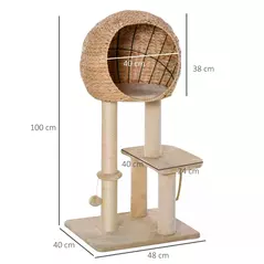 PawHut Cat Tree for Indoor Cats 100cm Kitten Climbing Tower Activity Center with Sisal Scratching Post Condo Perch Hanging Balls Teasing Rope Toy Cushion - 3