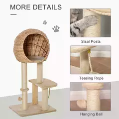 PawHut Cat Tree for Indoor Cats 100cm Kitten Climbing Tower Activity Center with Sisal Scratching Post Condo Perch Hanging Balls Teasing Rope Toy Cushion - 5