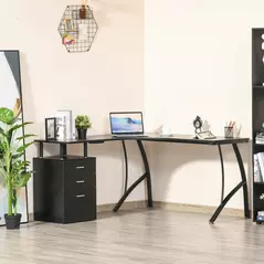 HOMCOM L-Shaped Computer Desk Table with Storage Drawer, Home Office Desk Corner Industrial Style Workstation for A4 Files 143.5 x 143.5 x 76cm, Black - 2