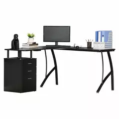 HOMCOM L-Shaped Computer Desk Table with Storage Drawer, Home Office Desk Corner Industrial Style Workstation for A4 Files 143.5 x 143.5 x 76cm, Black - 1