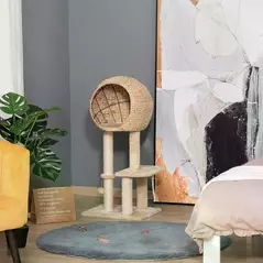 PawHut Cat Tree for Indoor Cats 100cm Kitten Climbing Tower Activity Center with Sisal Scratching Post Condo Perch Hanging Balls Teasing Rope Toy Cushion - 2