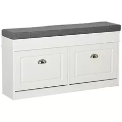 HOMCOM Shoe Storage Bench with Flip Drawers, Shoe Cabinet with Seat Cushion and Adjustable Shelf for Hallway, Entryway, Living Room, Bedroom, White - 1