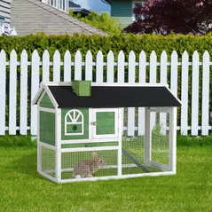 PawHut Wooden Rabbit Hutch and Run with Sliding Tray, Ramp, Water-resistant Roof, for 2-4 Rabbits, Green - 2