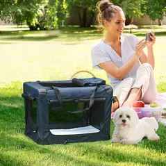 PawHut Foldable Pet Carrier for Small and Miniature Dogs, Portable Cat Carrier Soft Side Pet Travel Crate with Removable Mat, Storage Bags, Breathable Mesh 60 x 41.5 x 41cm - Dark Blue - 2