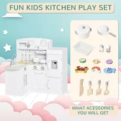 HOMCOM Kids Play Kitchen Wooden Toy Kitchen Cooking Set for Children with Drinking Fountain, Microwave, and Fridge White - 5