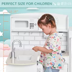 HOMCOM Kids Play Kitchen Wooden Toy Kitchen Cooking Set for Children with Drinking Fountain, Microwave, and Fridge White - 7