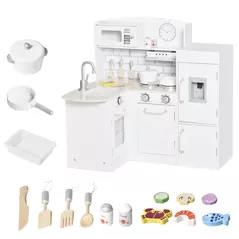 HOMCOM Kids Play Kitchen Wooden Toy Kitchen Cooking Set for Children with Drinking Fountain, Microwave, and Fridge White - 1