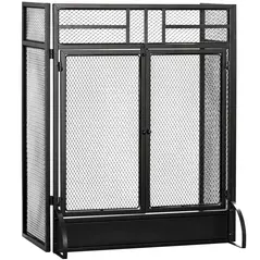 HOMCOM 3-Panel Folding Fireplace Screen with Door, Freestanding Spark Guard, Metal Mesh Fireguard, Black - 1