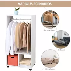 HOMCOM Open Wardrobe on Wheels, Bedroom Wardrobe with Clothes Hanging Rail, 2 Storage Shelves, Mobile Garment Rack for Cloakroom, Hallway, White - 7