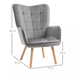HOMCOM Modern Accent Chair, Upholstered Tufted Wingback Armchair with Seat Padding, Velvet Leisure Lounge Bedroom Chair with Wood Legs, Grey - 3