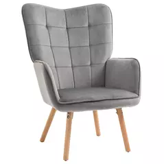 HOMCOM Modern Accent Chair, Upholstered Tufted Wingback Armchair with Seat Padding, Velvet Leisure Lounge Bedroom Chair with Wood Legs, Grey - 1