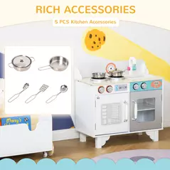HOMCOM Kids Wooden Play Kitchen Toy Cooking Set Pretend Role Playset, with, Cooking Bench, Stainless Steel Pot for 3-6 Years - 5