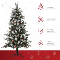 HOMCOM 5FT Artificial Snow Dipped Christmas Tree Xmas Pencil Tree Holiday Home Party Decoration with Foldable Feet Red Berries White Pinecones, Green - 4