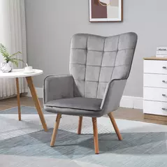 HOMCOM Modern Accent Chair, Upholstered Tufted Wingback Armchair with Seat Padding, Velvet Leisure Lounge Bedroom Chair with Wood Legs, Grey - 2