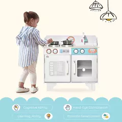 HOMCOM Kids Wooden Play Kitchen Toy Cooking Set Pretend Role Playset, with, Cooking Bench, Stainless Steel Pot for 3-6 Years - 4
