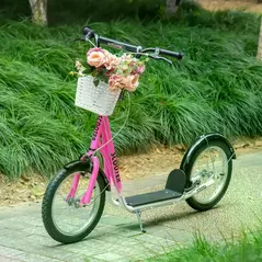 HOMCOM Kids Scooter, Kick Stunt Scooter with Adjustable Handlebar, Dual Brakes, Basket, Cupholder, Mudguard, 16" Inflatable Rubber Wheels, for 5-12 years, Pink - 2