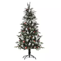 HOMCOM 5FT Artificial Snow Dipped Christmas Tree Xmas Pencil Tree Holiday Home Party Decoration with Foldable Feet Red Berries White Pinecones, Green - 1