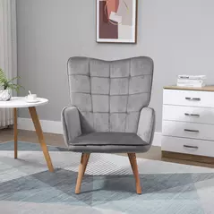 HOMCOM Modern Accent Chair, Upholstered Tufted Wingback Armchair with Seat Padding, Velvet Leisure Lounge Bedroom Chair with Wood Legs, Grey - 6