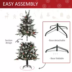 HOMCOM 5FT Artificial Snow Dipped Christmas Tree Xmas Pencil Tree Holiday Home Party Decoration with Foldable Feet Red Berries White Pinecones, Green - 5