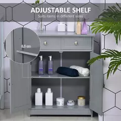 kleankin 75x60cm Freestanding Bathroom Storage Cabinet Unit w/ 2 Drawers Cupboard Adjustable Shelf Metal Handles Traditional Style Grey - 5