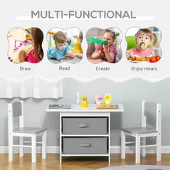 HOMCOM 3 Pcs Kids Table & Chairs Set Mini Seating Furniture Home Playroom Bedroom Dining Room w/ Storage Drawers Safe Corners for 2-4 Years old White - 4