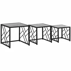 HOMCOM Nesting Coffee Tables, Set of 3 Square Side Tables with Black Metal Frame, for Living Room, Bedroom and Office, Grey - 1
