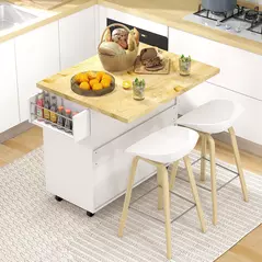 HOMCOM Kitchen Island on Wheels, Rolling Kitchen Storage Trolley with Drop Leaf, Drawers, Towel and Spice Rack, White - 7