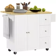 HOMCOM Kitchen Island on Wheels, Rolling Kitchen Storage Trolley with Drop Leaf, Drawers, Towel and Spice Rack, White - 3