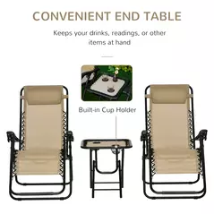 Outsunny Folding Zero Gravity Chairs, 3 Pieces Adjustable Sun Lounger and Table Set with Cup Holder and Headrest, Patio Bistro Set with Reclining Garden Chairs for Outdoor, Beige - 5
