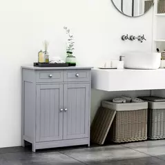 kleankin 75x60cm Freestanding Bathroom Storage Cabinet Unit w/ 2 Drawers Cupboard Adjustable Shelf Metal Handles Traditional Style Grey - 7