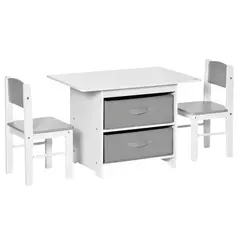 HOMCOM 3 Pcs Kids Table & Chairs Set Mini Seating Furniture Home Playroom Bedroom Dining Room w/ Storage Drawers Safe Corners for 2-4 Years old White - 1