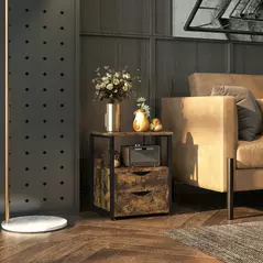 HOMCOM Industrial Side Table with Drawer, Sofa Table, Bedside Cabinet with Storage Shelf, Slim Nightstand for Living Room, Bedroom, Rustic Brown - 2