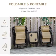 Outsunny Folding Zero Gravity Chairs, 3 Pieces Adjustable Sun Lounger and Table Set with Cup Holder and Headrest, Patio Bistro Set with Reclining Garden Chairs for Outdoor, Beige - 6
