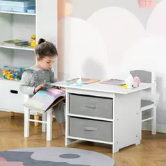 HOMCOM 3 Pcs Kids Table & Chairs Set Mini Seating Furniture Home Playroom Bedroom Dining Room w/ Storage Drawers Safe Corners for 2-4 Years old White - 2