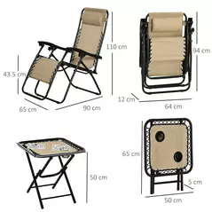 Outsunny Folding Zero Gravity Chairs, 3 Pieces Adjustable Sun Lounger and Table Set with Cup Holder and Headrest, Patio Bistro Set with Reclining Garden Chairs for Outdoor, Beige - 3