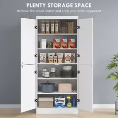 HOMCOM 4-Door Tall Kitchen Cupboard, Freestanding 6-Tier Storage Cabinet with 2 Adjustable Shelves for Living Room, Dining Room, White - 4