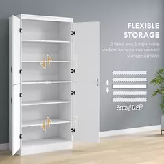 HOMCOM 4-Door Tall Kitchen Cupboard, Freestanding 6-Tier Storage Cabinet with 2 Adjustable Shelves for Living Room, Dining Room, White - 5