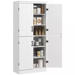 HOMCOM 4-Door Tall Kitchen Cupboard, Freestanding 6-Tier Storage Cabinet with 2 Adjustable Shelves for Living Room, Dining Room, White - 1