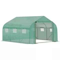Outsunny Walk-in Polytunnel Garden Greenhouse, Outdoor Mesh Door Greenhouse with PE Cover and 6 Windows, 3.5 x 3 x 2m, Green - 1