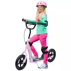 HOMCOM Kids Scooter Kick Scooter, with 12" EVA Tyres, Rear Brake, Big Wheels Scooter for 5-12 Years , Pink - 1